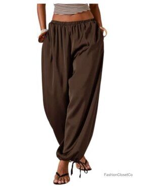 Satin Harem Pants Elastic Waist Baggy Silk Women Lounge Pants